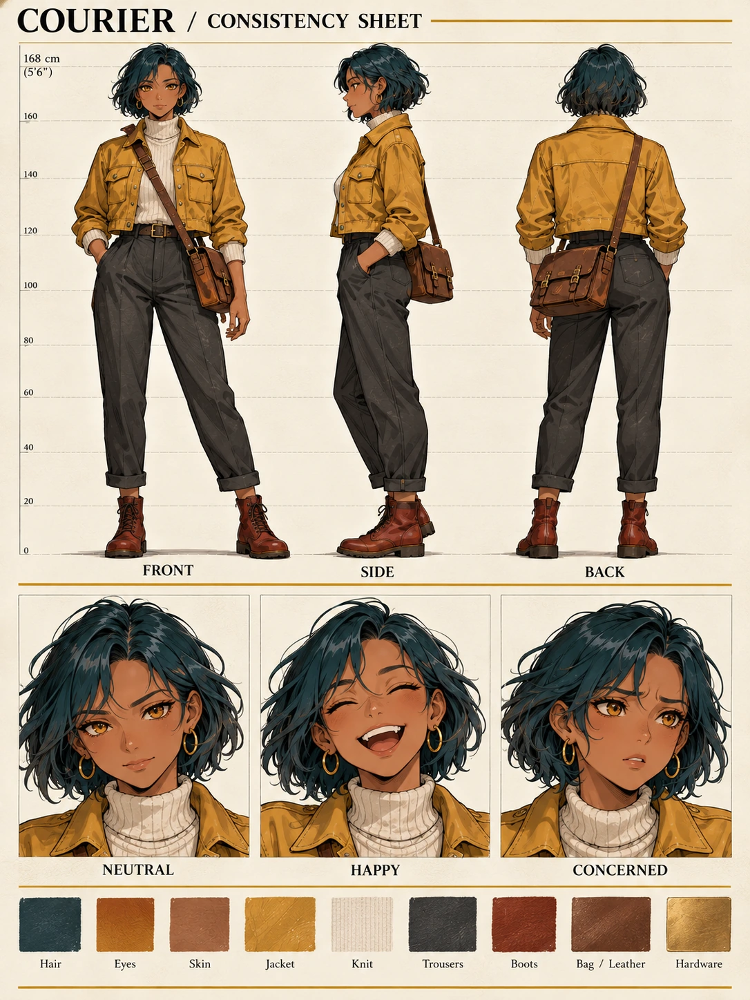 Codex-generated correction-target character sheet showing the bag on the viewer’s left in BACK, with the strap running from the viewer’s right shoulder to the bag, alongside FRONT, left-facing SIDE, and three expression portraits.