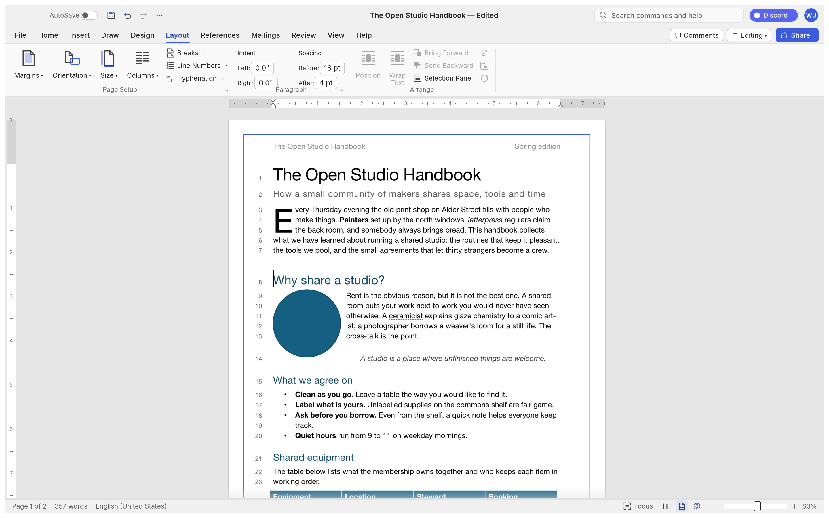 WordCraft tables, pictures, and page layout interface
